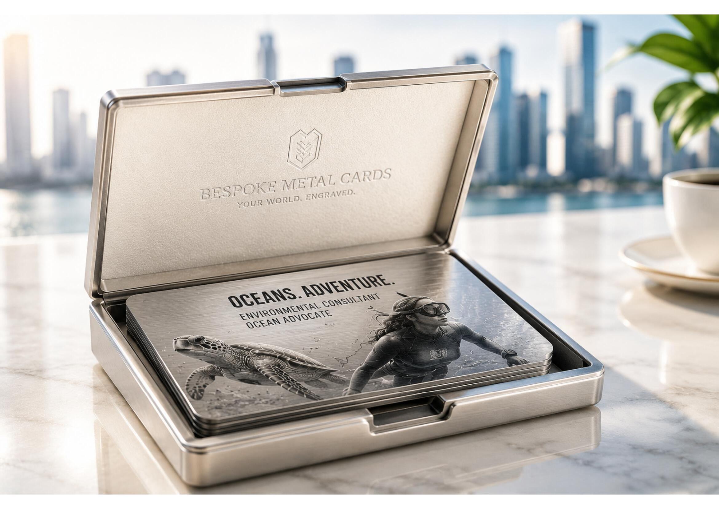 Deluxe metal card holder, open, with an engraved card inside