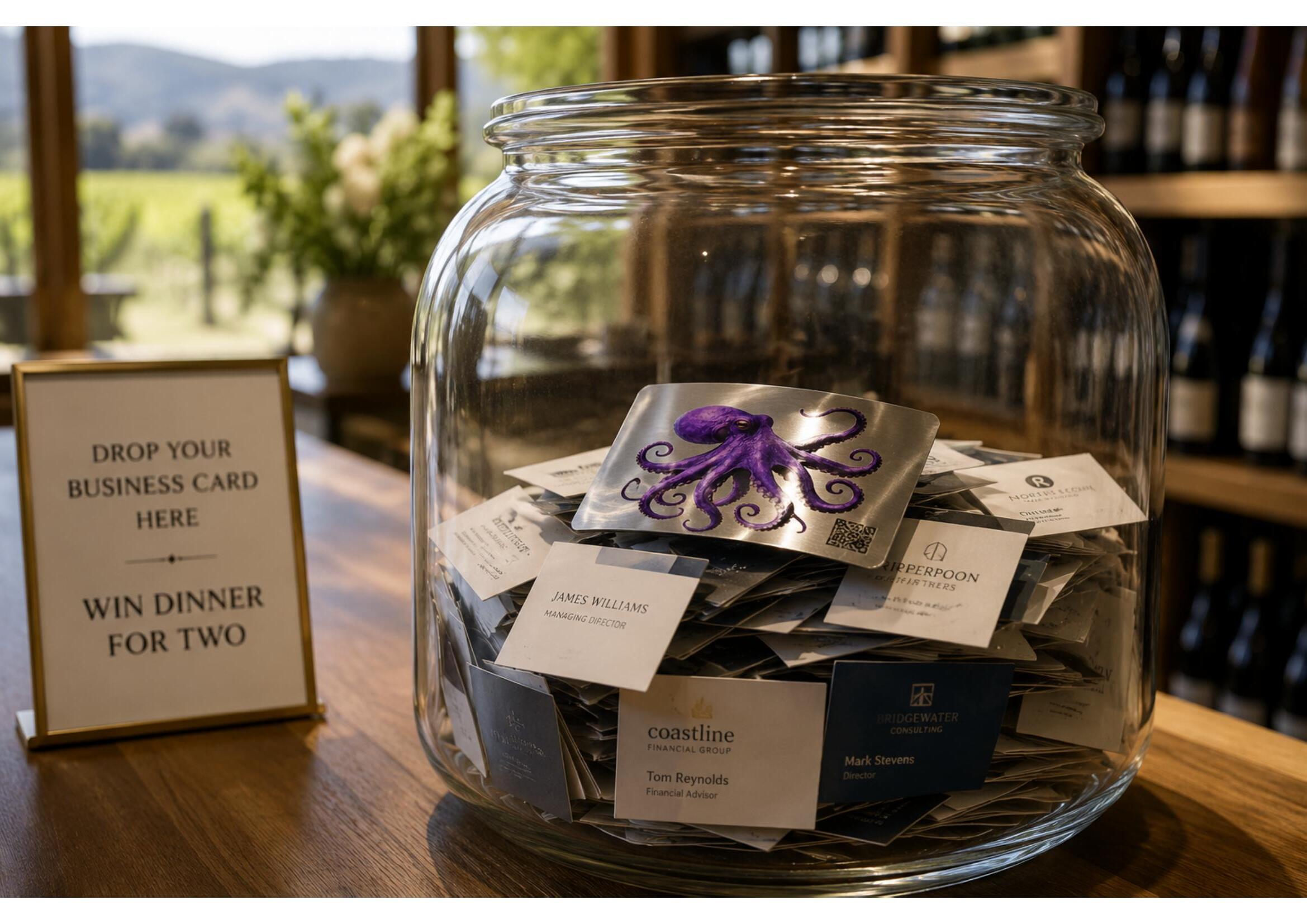 A Purple Octopus metal card stands out among ordinary paper business cards in a glass jar at a winery tasting room